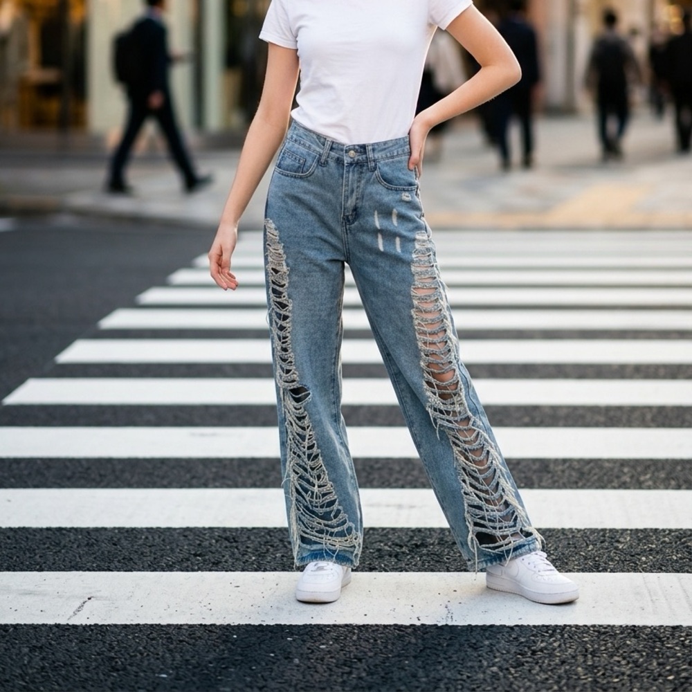 ROMWE Distressed Flare Jeans in Blue